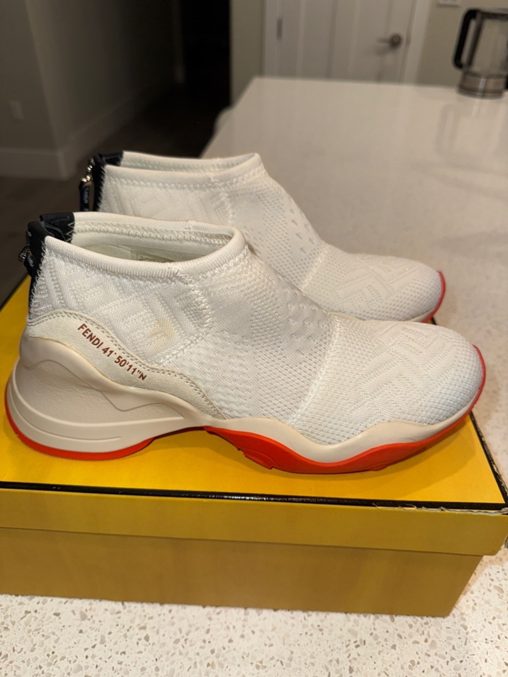 Fendi White Knit Sock Sneaker with Red-Orange Sole